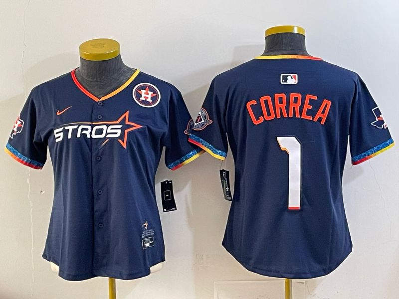 Women 2025 Houston Astros 1 Correa Blue Four generations Joint Name Nike MLB Jersey style 02